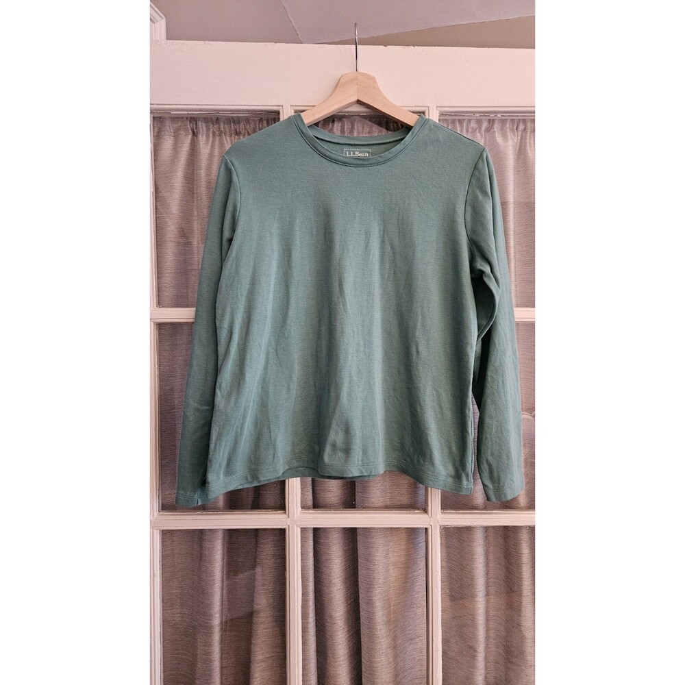 LL Bean Womens Medium Green Carefree Unshrinkable Long Sleeve Tee Shirt Cotton